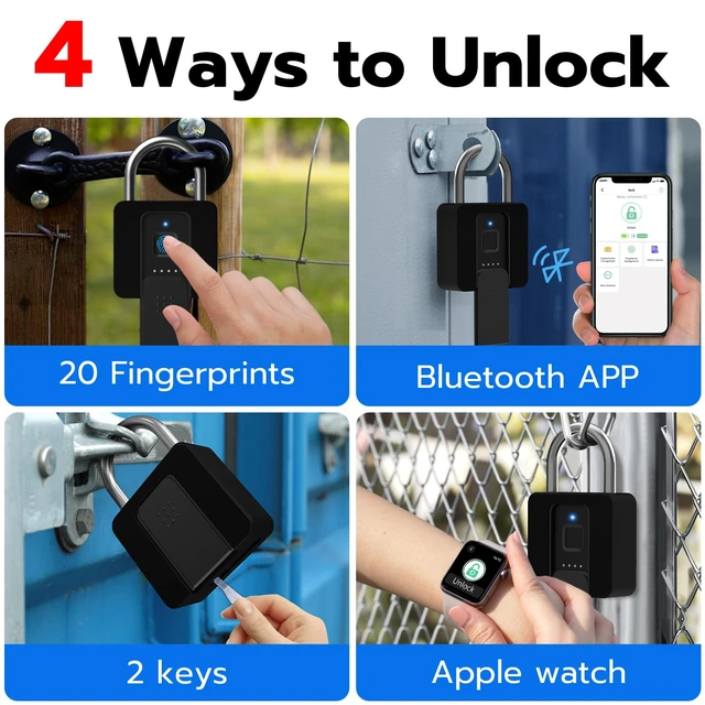 Alt view image 2 of 7 - Fingerprint Padlock, Heavy Duty Combination Lock, Padlock with Key, Bluetooth, and Fingerprint Unlock, Waterproof with Protective Shell for Warehouse, Gate, Gym, Office, Cabinet Hasp