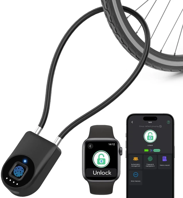Main image of Fingerprint Padlock with 15" Steel Cable, Smart Gate Lock for Outdoor Fence | Keyless Biometric Bluetooth App Cable Lock, Weatherproof Bike Lock for Pool Gate, Toolbox, Locker & Shed - Black