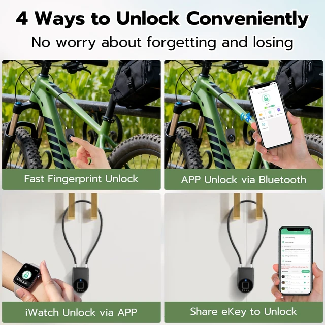 Alt view image 4 of 7 - Fingerprint Padlock with 15" Steel Cable, Smart Gate Lock for Outdoor Fence | Keyless Biometric Bluetooth App Cable Lock, Weatherproof Bike Lock for Pool Gate, Toolbox, Locker & Shed - Black