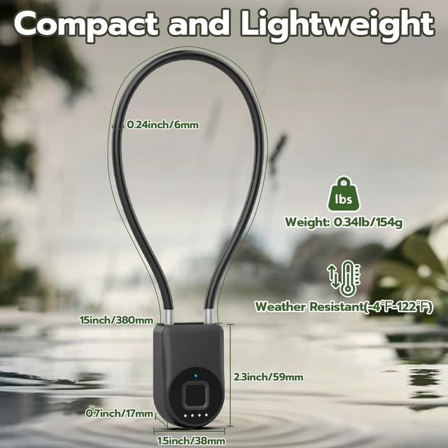 Alt view image 7 of 7 - Fingerprint Padlock with 15" Steel Cable, Smart Gate Lock for Outdoor Fence | Keyless Biometric Bluetooth App Cable Lock, Weatherproof Bike Lock for Pool Gate, Toolbox, Locker & Shed - Black