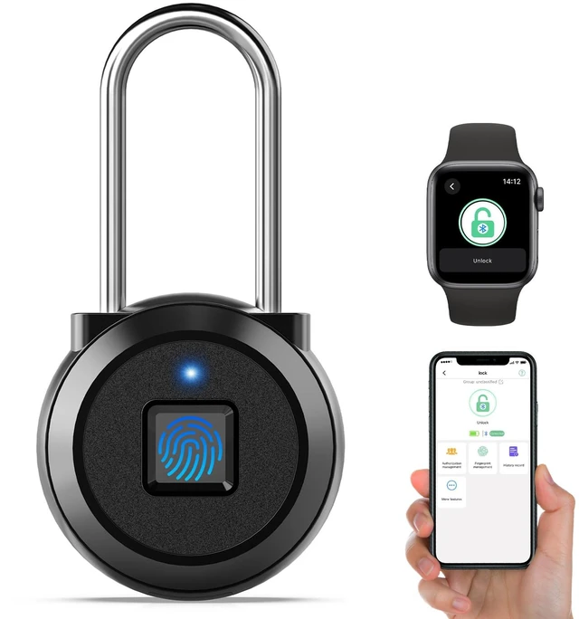 Main image of Long Shackle Padlock, Fingerprint Locker Lock for Fence Gate | Biometric Smart Pad Lock with Bluetooth App, IP65 Weatherproof, 1.77in Shackle Clearance for Cabinet Backpack - Black