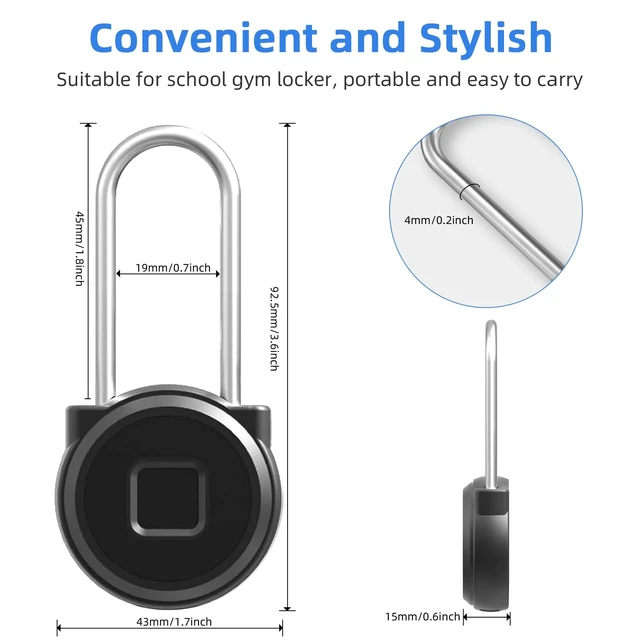 Alt view image 3 of 7 - Long Shackle Padlock, Fingerprint Locker Lock for Fence Gate | Biometric Smart Pad Lock with Bluetooth App, IP65 Weatherproof, 1.77in Shackle Clearance for Cabinet Backpack - Black