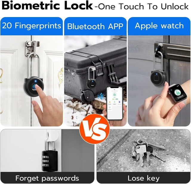 Alt view image 5 of 7 - Long Shackle Padlock, Fingerprint Locker Lock for Fence Gate | Biometric Smart Pad Lock with Bluetooth App, IP65 Weatherproof, 1.77in Shackle Clearance for Cabinet Backpack - Black