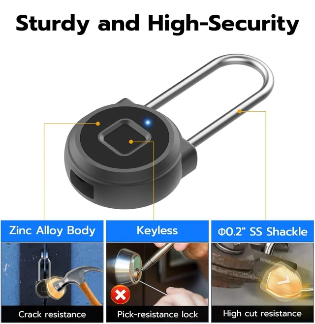 Alt view image 6 of 7 - Long Shackle Padlock, Fingerprint Locker Lock for Fence Gate | Biometric Smart Pad Lock with Bluetooth App, IP65 Weatherproof, 1.77in Shackle Clearance for Cabinet Backpack - Black
