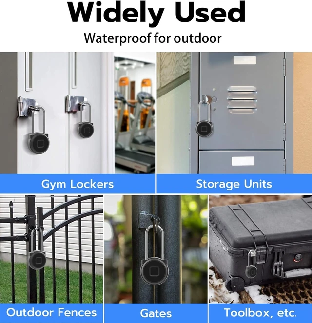 Alt view image 7 of 7 - Long Shackle Padlock, Fingerprint Locker Lock for Fence Gate | Biometric Smart Pad Lock with Bluetooth App, IP65 Weatherproof, 1.77in Shackle Clearance for Cabinet Backpack - Black