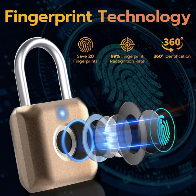 Alt view image 3 of 7 - Fingerprint Padlock, Smart Padlock, Locker Lock, Biometric Metal Keyless Fingerprint Lock, USB Rechargeable, for Gym Locker, Luggage, Backpack(Placer Gold)