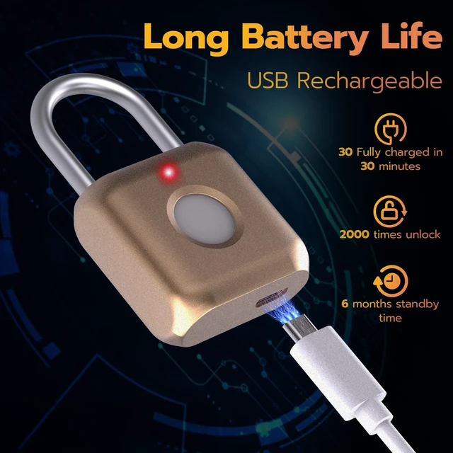 Alt view image 5 of 7 - Fingerprint Padlock, Smart Padlock, Locker Lock, Biometric Metal Keyless Fingerprint Lock, USB Rechargeable, for Gym Locker, Luggage, Backpack(Placer Gold)