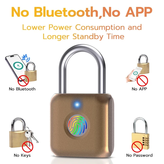 Alt view image 4 of 7 - Fingerprint Padlock, Smart Padlock, Locker Lock, Biometric Metal Keyless Fingerprint Lock, USB Rechargeable, for Gym Locker, Luggage, Backpack(Placer Gold)
