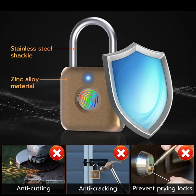 Alt view image 7 of 7 - Fingerprint Padlock, Smart Padlock, Locker Lock, Biometric Metal Keyless Fingerprint Lock, USB Rechargeable, for Gym Locker, Luggage, Backpack(Placer Gold)
