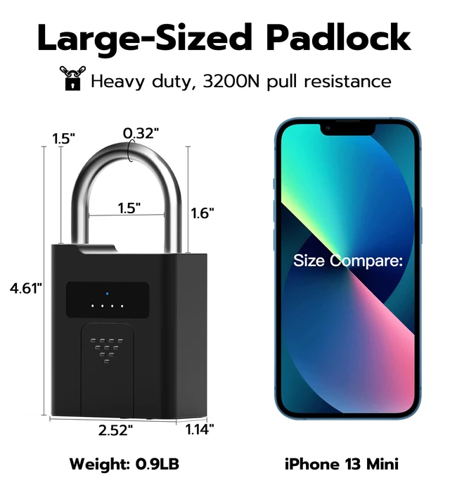 Alt view image 2 of 7 - Fingerprint Padlock with Key Backup, Heavy Duty Weatherproof Bluetooth Biometric Keyless Electronic Digital Smart Pad Lock for Gate Outdoor Fence Storage Locker Pool Shed