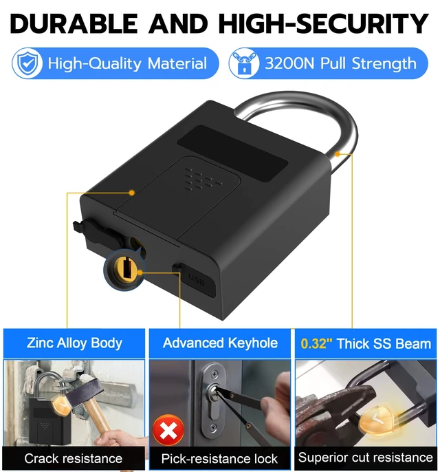 Alt view image 4 of 7 - Fingerprint Padlock with Key Backup, Heavy Duty Weatherproof Bluetooth Biometric Keyless Electronic Digital Smart Pad Lock for Gate Outdoor Fence Storage Locker Pool Shed