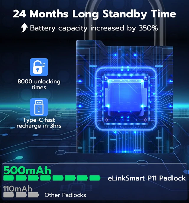 Alt view image 6 of 7 - Fingerprint Padlock with Key Backup, Heavy Duty Weatherproof Bluetooth Biometric Keyless Electronic Digital Smart Pad Lock for Gate Outdoor Fence Storage Locker Pool Shed