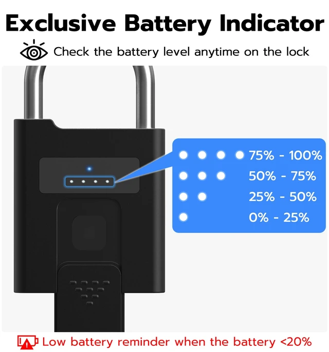 Alt view image 7 of 7 - Fingerprint Padlock with Key Backup, Heavy Duty Weatherproof Bluetooth Biometric Keyless Electronic Digital Smart Pad Lock for Gate Outdoor Fence Storage Locker Pool Shed