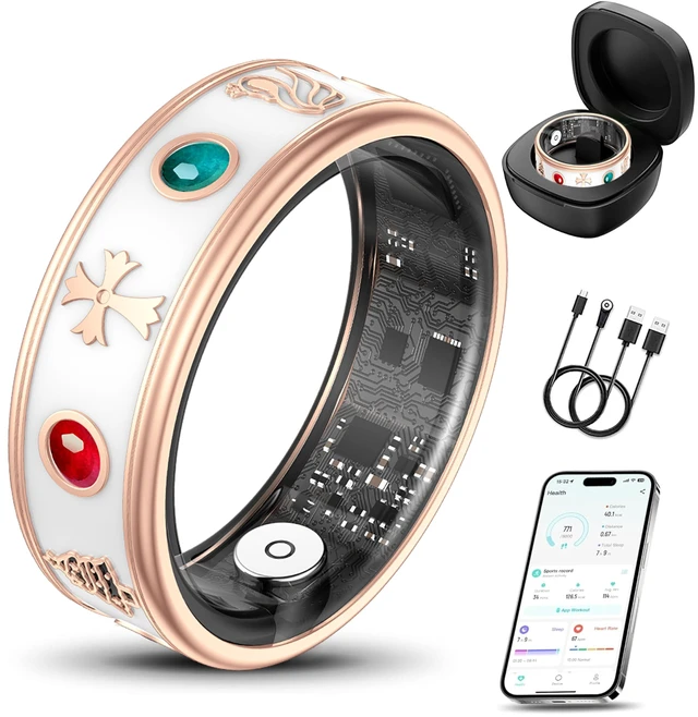 Main image of Smart Ring for Women, Fitness & Activity Tracker with Blood Pressure/Heart Rate Monitor, Sleep Tracker,Step Counter, IP68 Waterproof Ring for iOS&Android, Fast Charge,No Subscription (Rose Gold,Size9)