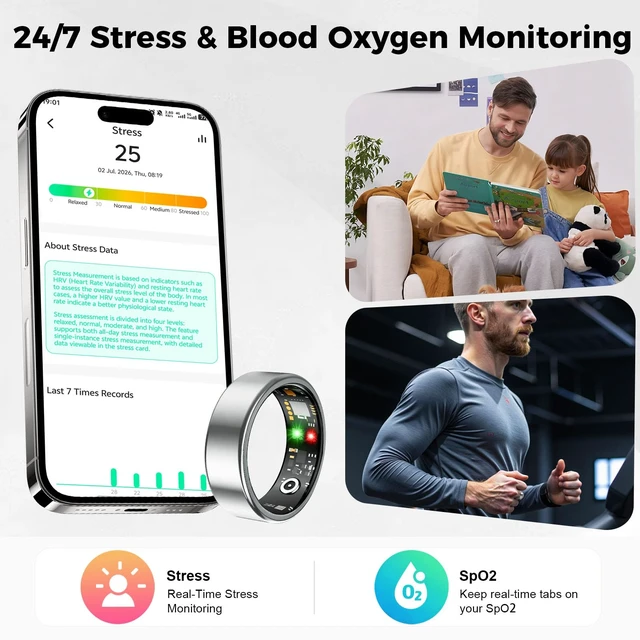 Alt view image 3 of 6 - Smart Ring for Women Men, Health Tracking Ring No APP Fee (Rosegold,8) | 24/7 Fitness Tracker Heart Rate/SpO2/Stress/Sleep Monitor, IP68 Waterproof, Long Battery Fast Charge, iOS/Android Compatible