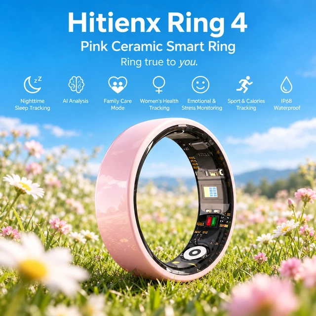 Alt view image 2 of 7 - Ceramic Smart Ring 4 for Women, Sleep & Fitness Tracker (Pink, 8) | Ultra-Thin, Family Mode, Women's Cycle Tracking, Heart Rate/Blood Oxygen/Stress/Temp Monitoring, IP68 Waterproof, No App Fee