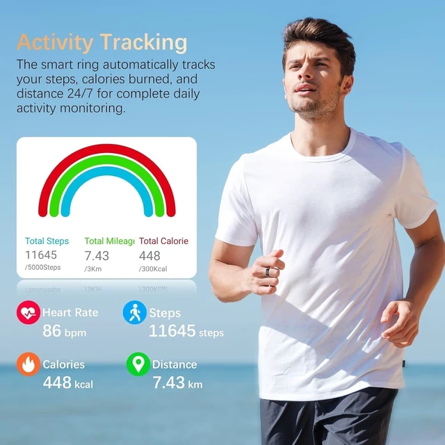 Alt view image 4 of 7 - Fit Ring, Smart Health Rings for Women Men with Heart Rate,Blood Oxygen,HRV,Stress Level, Sleep Monitor, Step Tracker, No Subscription Fee, IP68 Waterproof Smart Ring for iphone &Android (Black, 12#)