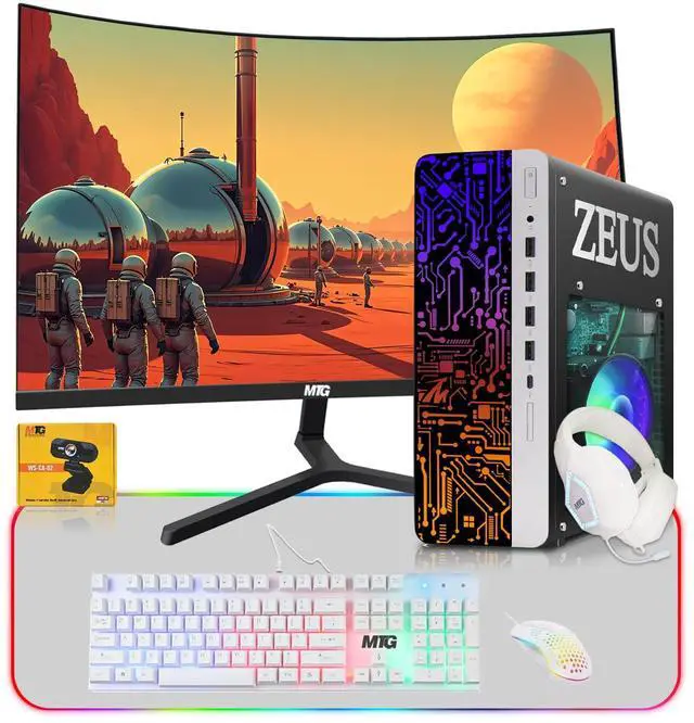 Main image of TechMagnet Zeus Pro 9 Gaming Desktop PC, Intel i5, GT 1030, 16GB RAM, 1TB SSD, 24 Inch Curved Monitor, 4 in 1 Gaming Kit, Webcam, USB WiFi BT, Win 11
