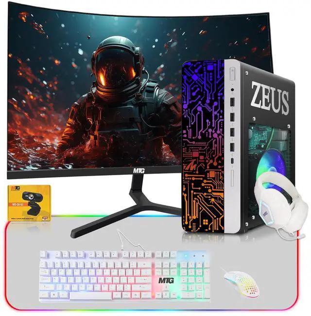 Main image of TechMagnet Zeus Pro 9 Gaming Desktop PC, Intel i5, GT 1030, 16GB RAM, 1TB SSD+4TB HDD, 27 Inch Curved Monitor, 4 in 1 Gaming Kit, Webcam, USB WiFi BT, Win 11