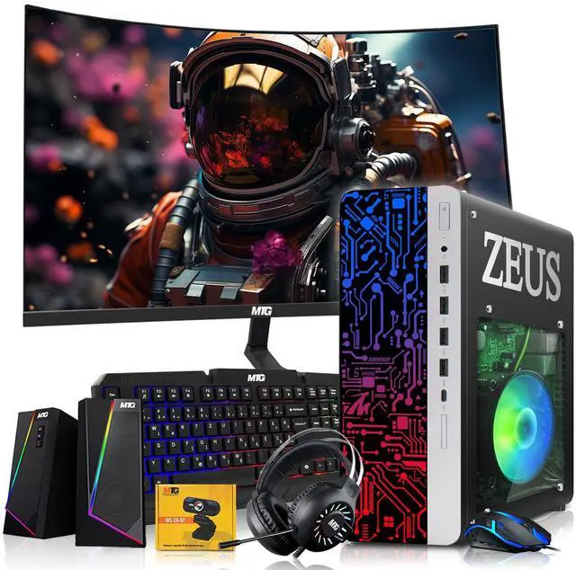 Main image of TechMagnet Zeus Pro 9 Gaming Desktop PC, Intel i5, GT 1030, 16GB RAM, 1TB SSD, 24 Inch Curved Monitor, RGB Keyboard & Mouse, Speaker, Headphone, Webcam, Win 11