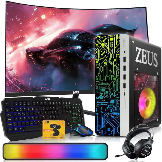 Main image of TechMagnet Zeus Pro 9 Gaming Desktop PC, Intel i5, GT 1030, 16GB RAM, 256GB SSD, MTG 24 Inch Curved Monitor, RGB Keyboard & Mouse, Soundbar, Headphone, USB WiFi BT, Webcam, Win 11