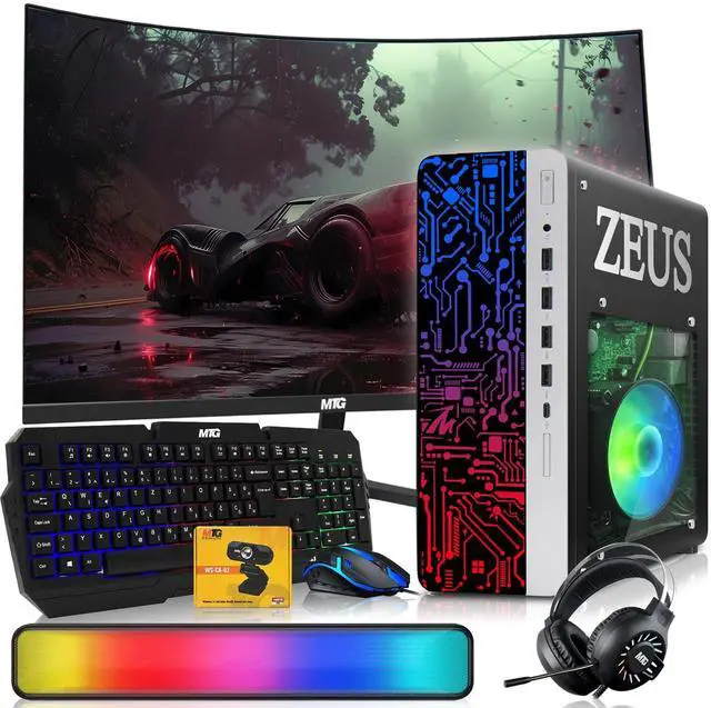 Main image of TechMagnet Zeus Pro 9 Gaming Desktop PC, Intel i7, GT 1030, 16GB RAM, 256GB SSD, 27 Inch Curved Monitor, RGB Keyboard & Mouse, Soundbar, Headphone, USB WiFi BT, Webcam, Win 11