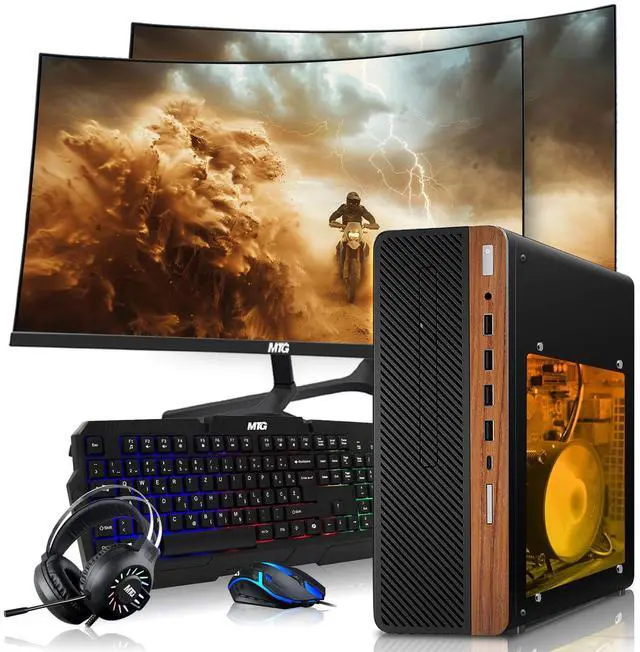 Main image of TechMagnet HP Half Dark Gaming PC Desktop Computer, AMD Ryzen 3 PRO, GT 1030 Graphics, 8GB RAM, 256GB SSD, Dual 24 Inch Curved Monitor, RGB KBM, Headphone, WiFi BT, Win 11