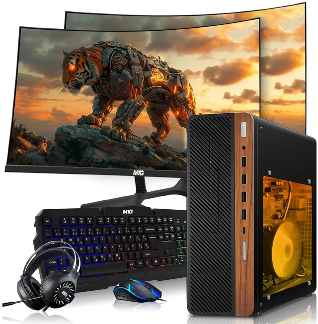Main image of TechMagnet HP Half Dark Gaming PC Desktop Computer, AMD Ryzen 3 PRO, GT 1030 Graphics, 16GB RAM, 256GB SSD, Dual 27 Inch Curved Monitor, RGB KBM, Headphone, WiFi BT, Win 11