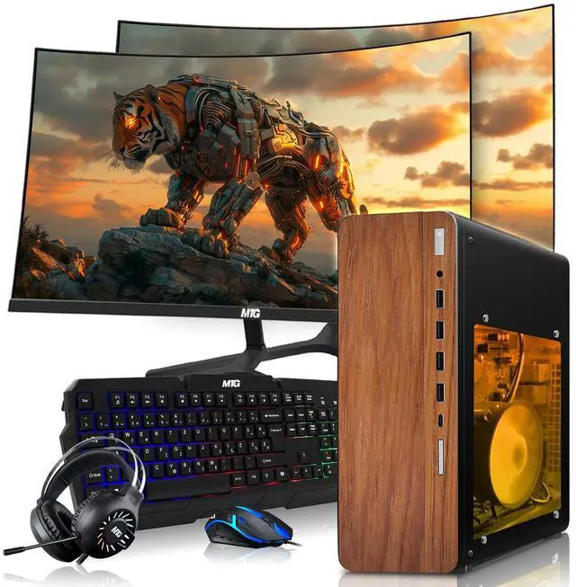 Main image of HP Full Dark Gaming PC Desktop Computer AMD Ryzen 3 PRO, GT 1030 Graphics, 8GB RAM, 1TB SSD, Dual 27 Inch Curved Monitor, RGB KBM, Headphone, WiFi BT, Win 11