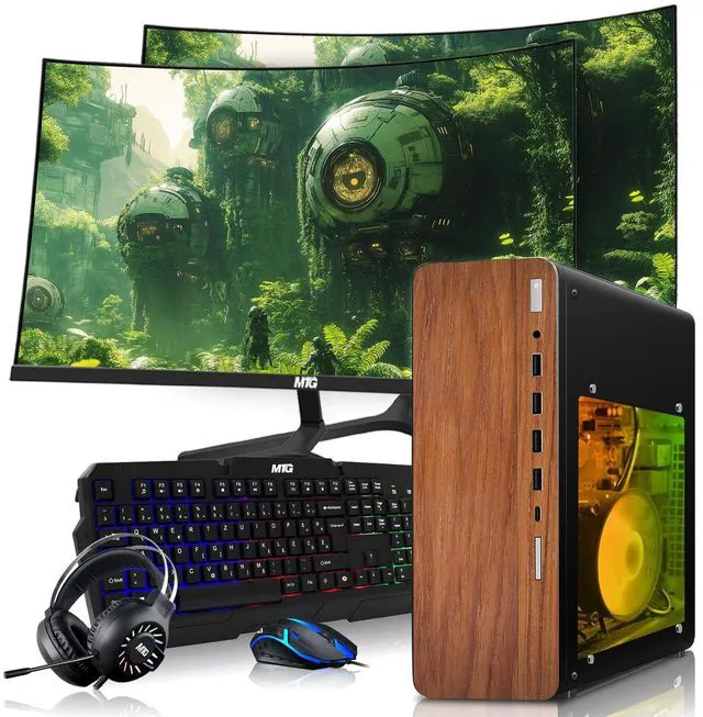 Main image of TechMagnet HP Full Dark Gaming PC Desktop Computer, AMD Ryzen 3 PRO, GT 1030 Graphics, 16GB RAM, 512GB SSD, Dual 32 Inch Curved Monitor, RGB KBM, Headphone, WiFi BT, Win 11
