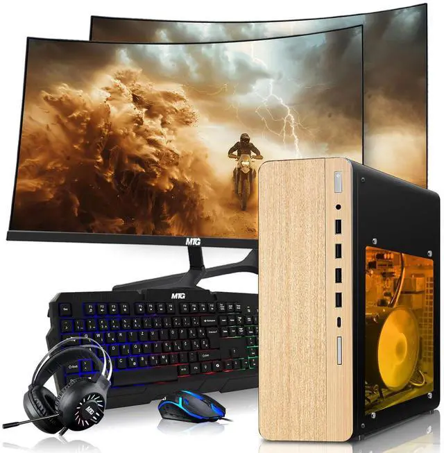 Main image of TechMagnet HP Full Light Gaming PC Desktop Computer, AMD Ryzen 3 PRO, RX 550 Graphics, 8GB RAM, 1TB SSD, Dual 24 Inch Curved Monitor, RGB KBM, Headphone, WiFi BT, Win 11