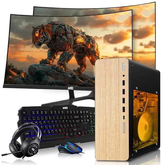 Main image of HP Full Light Gaming PC Desktop Computer AMD Ryzen 3 PRO, GT 1030 Graphics, 8GB RAM, 1TB SSD, Dual 27 Inch Curved Monitor, RGB KBM, Headphone, WiFi BT, Win 11