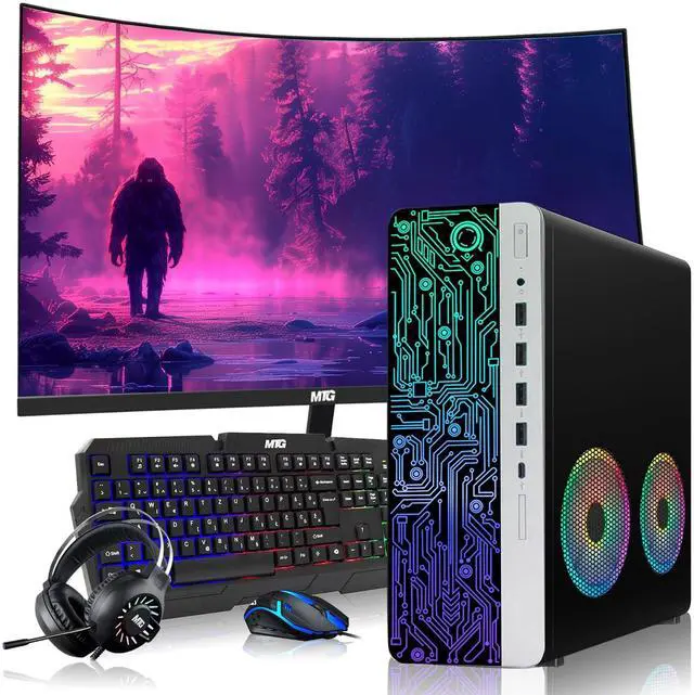 Main image of HP Gaming Desktop Computer PC, AMD Ryzen 3 Pro, 16GB RAM, 1TB SSD, RX 550 Graphics, Dual 24 Inch Curved Monitor, RGB KBM, Headphone, USB WiFi BT, Win 11 Pro