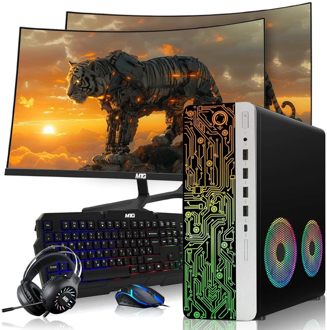 Main image of HP Gaming Computer Desktop PC, AMD Ryzen 3 Pro, 16GB RAM, 256GB SSD, RX 550 Graphics, Dual 32 Inch Curved Monitor, RGB KBM, Headphone, USB WiFi BT, Win 11 Pro