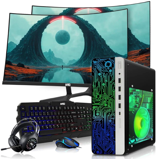 Main image of HP Gaming Computer Desktop PC, AMD Ryzen 3 Pro, 8GB RAM, 1TB SSD, GT 1030 Graphics, Dual 32 Inch Curved Monitor, RGB KBM, Headphone, USB WiFi BT, Win 11 Pro