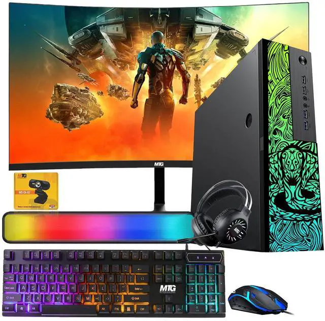 Main image of TechMagnet Cobra Gaming PC, Intel i5, 16GB RAM, 256GB SSD + 1TB HDD Win 11, Desktop Computer, GT 1030 Graphics, 24 Inch Curved Monitor, RGB KBM, Soundbar, Headphone, Webcam, USB WiFi,