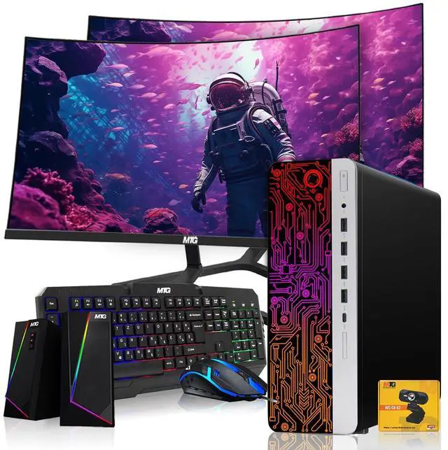 Main image of HP G3 Gaming Desktop Computer PC, i5, 32GB RAM, 512GB SSD, RX 550 Graphics, Dual 27 Inch Curved Monitor, RGB KBM, Speaker, Webcam, USB WiFi BT, Win 11 Pro