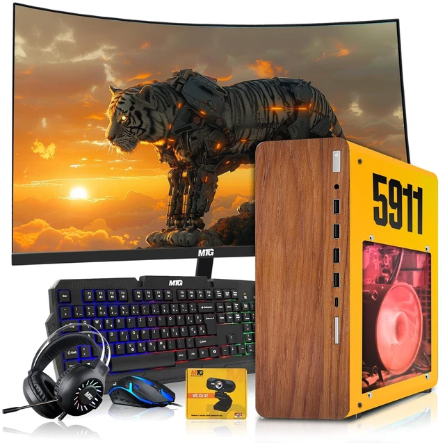 Main image of HP Full Dark Desktop Computer Gaming PC 5911 AMD Ryzen 3 Pro, 16GB RAM, 512GB SSD, RX 550 Graphics, 32 Inch Curved Monitor, RGB KBM, Headphone, Webcam, USB WiFi BT, Win 11