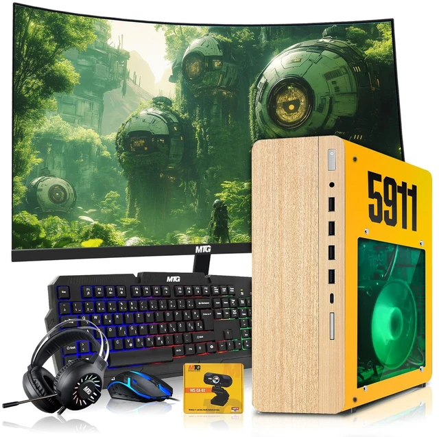 Main image of HP Full Light Desktop Computer Gaming PC 5911 AMD Ryzen 3 Pro, 16GB RAM, 512GB SSD, RX 550 Graphics, 27 Inch Curved Monitor, RGB KBM, Headphone, Webcam, USB WiFi BT, Win 11