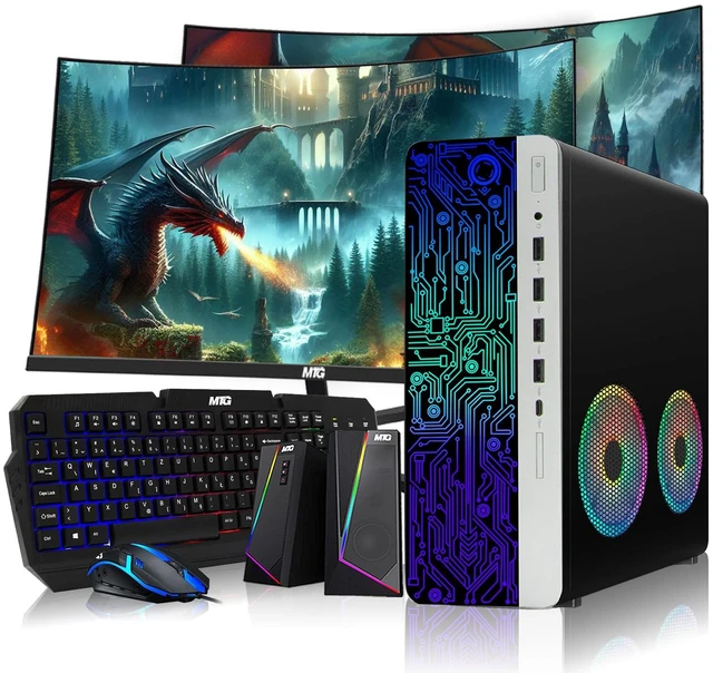 Main image of TechMagnet HP G3 Desktop Computer Gaming PC, i7, 16GB RAM, 512GB SSD, GTX 1650 Graphics, Dual 24 Inch Curved Monitor, RGB KBM, Speaker, USB WiFi BT, Win 11