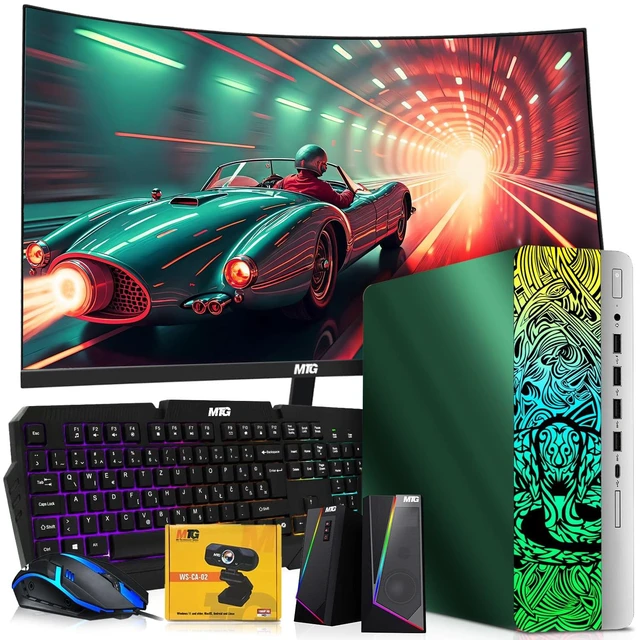 Main image of TechMagnet Cobra Emerald Green Desktop Computer Gaming PC, i7, 16GB RAM, 512GB SSD, GTX 1650 Graphics, 24 Inch Curved Monitor, RGB KBM, Speaker, Webcam, USB WiFi BT, Win 11