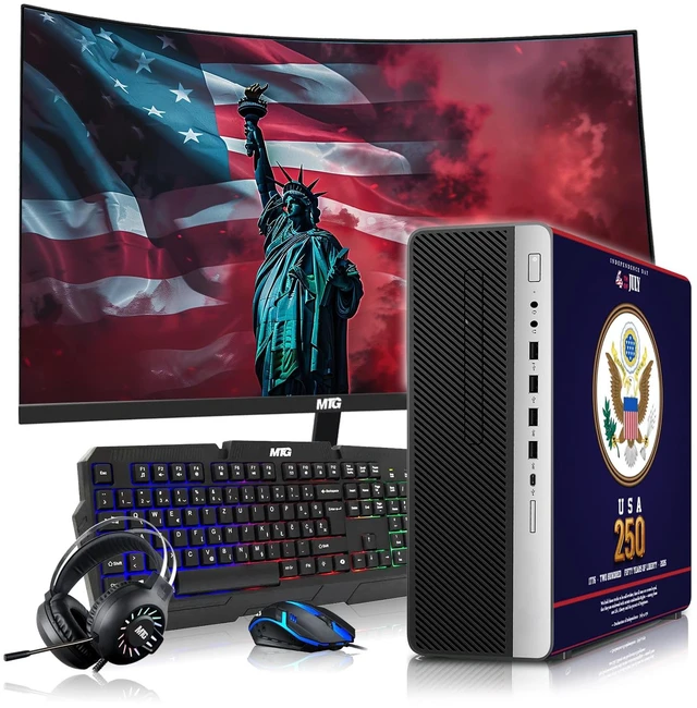 Main image of HP Liberty Edition, Desktop Computer Gaming PC, i5, 16GB RAM, 256GB SSD + 2x500GB HDD, GTX 1650 Graphics, 24 Inch Curved Monitor, RGB KBM, Headphone, Webcam, USB WiFi BT, Win 11