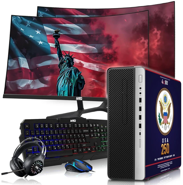 Main image of HP Liberty Edition, Desktop Computer Gaming PC, i5, 16GB RAM, 256GB SSD + 2x500GB HDD GTX 1650 Graphics, Dual 24 Inch Curved Monitor, RGB KBM, Headphone, Webcam, USB WiFi BT, Win 11