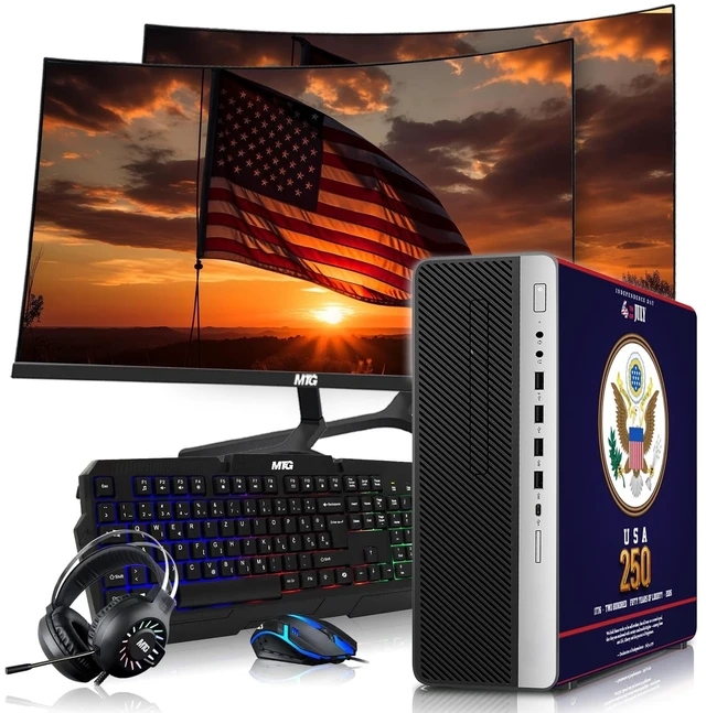 Main image of HP Liberty Edition, Desktop Computer Gaming PC, i5, 16GB RAM, 256GB SSD + 2x500GB HDD GTX 1650 Graphics, Dual 27 Inch Curved Monitor, RGB KBM, Headphone, Webcam, USB WiFi BT, Win 11