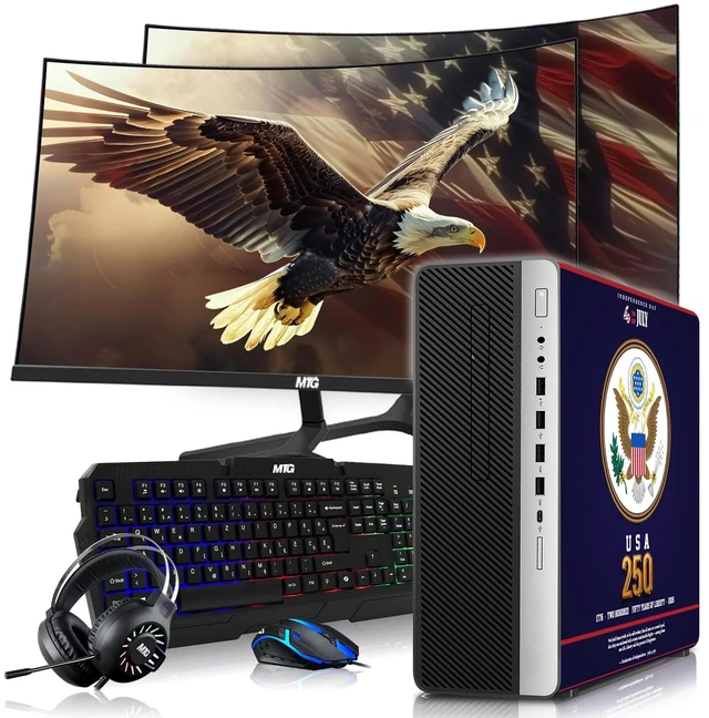 Main image of HP Liberty Edition, Desktop Computer Gaming PC, AMD Ryzen 3 Pro, 16GB RAM, 256GB SSD + 2x500GB HDD GTX 1650 Graphics, Dual 32 Inch Curved Monitor, RGB KBM, Headphone, Webcam, USB WiFi BT, Win 11