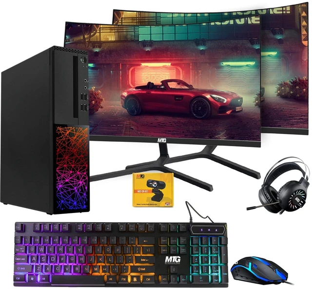Main image of TechMagnet Galaxy Gaming PC, i5, 16GB RAM, 240GB SSD + 128GB SSD Win 11RX 550 Graphics, Dual 24 Inch Curved Monitor, RGB KBM, Headphone, Webcam, USB WiFi BT, Win 11