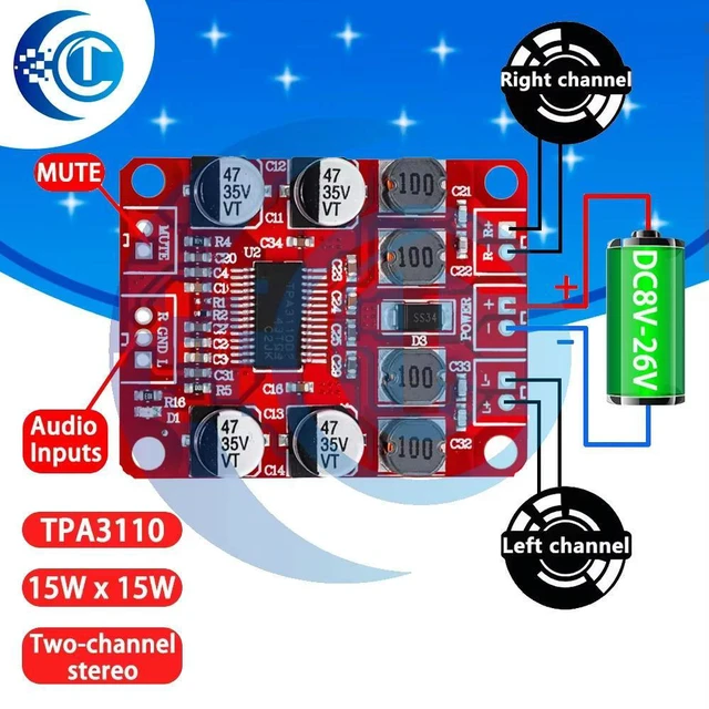 Main image of 2×15W Dual Channel Amplifier Module - DC 12V TPA3110 Red PCB for Desktop Speaker DIY Projects