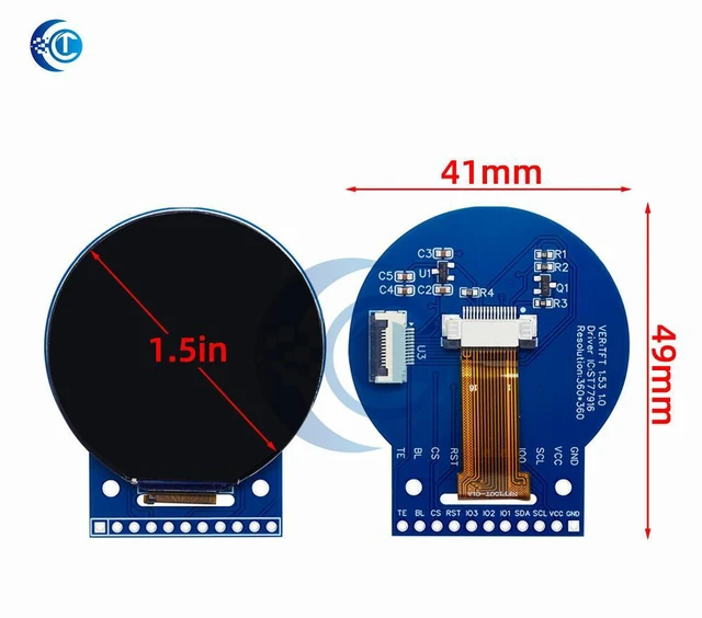 Alt view image 2 of 3 - 360x360 Pixels 1.5-Inch Round TFT Display: ST77916 QSPI Color LCD Screen Compatible for