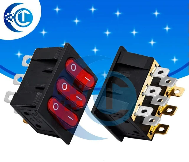 Main image of 9-Pin Red Triple-Light KCD3-303 Switch (1PCS) - 16A/250V AC On-Off for Marine & Automotive Applications