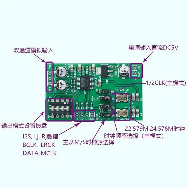 Alt view image 3 of 3 - For Dual Channel 24-bit ADC Data Collection Card Auxi Analog Audio To I2S Left and Right Alignment Digital Output Module